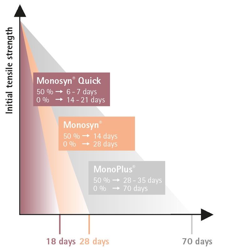 Infografik mit dem Titel „Erhalt der Zugfestigkeit des synthetischen Nahtmaterials von B. Braun für schnell heilendes Gewebe. Links befindet sich ein erläuternder Text, der drei resorbierbare Nahtmaterialien aufführt: Monosyn® Quick, beschrieben als kurzzeitig resorbierbares Nahtmaterial für schnell heilende Gewebe; Monosyn®, beschrieben als mittelfristig resorbierbares Nahtmaterial zur Adaptation von Weichgewebe; und MonoPlus®, beschrieben als langfristig resorbierbares Nahtmaterial für langsam heilende Gewebe. Rechts zeigt ein gestuftes Balkendiagramm den Erhalt der Zugfestigkeit im Zeitverlauf. Die vertikale Achse ist mit „Anfängliche Zugfestigkeit“ beschriftet. Drei farblich gekennzeichnete Ebenen sind von oben nach unten dargestellt: – Monosyn® Quick, indicating approximately 50% tensile strength remaining after 6–7 days and 0% after 14–21 days. – Monosyn®, indicating approximately 50% tensile strength remaining after 14 days and 0% after 21–28 days. – MonoPlus®, indicating approximately 50% tensile strength remaining after 28–35 days and 0% after around 70 days. A horizontal time scale at the bottom highlights key points at 18 days, 28 days, and 70 days, illustrating the increasing duration of tensile strength retention from short-term to long-term absorbable sutures.