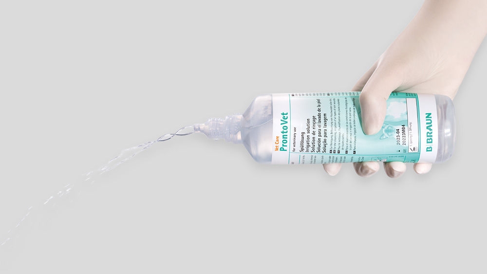 Hand gibt B. Braun Prontovet® Gel aus einer Quetschflasche mit Dosierspitze vor hellem Hintergrund ab. Der Hintergrund ist hellgrau.