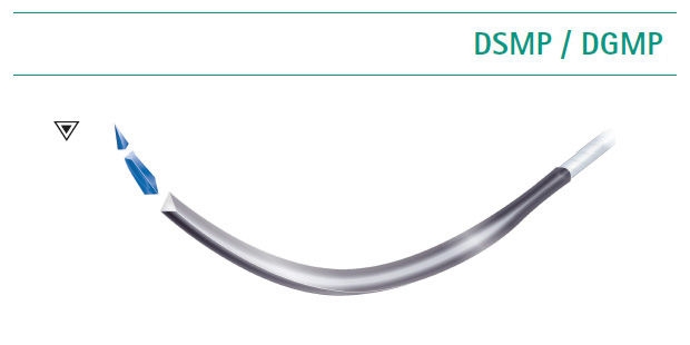 Schneidende Nadeln mit Mikrospitze Illustration einer gebogenen Schneidnadel mit der Bezeichnung „DSMP / DGMP“, die eine feine Schneidspitze mit Mikrotip-Design als Teil einer Übersicht von Nahtnadeltypen zeigt.